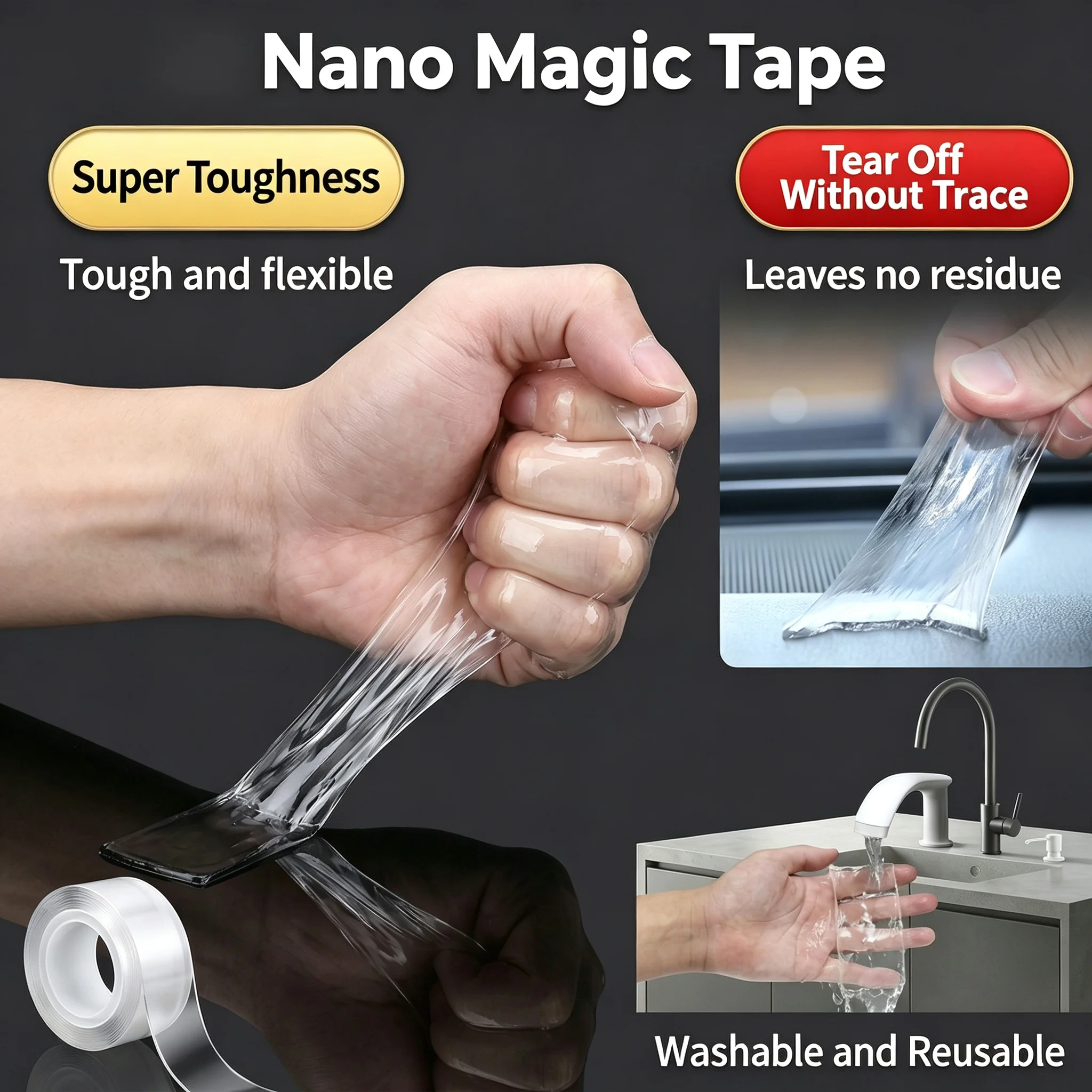1-3M Nano Double Sided Tape 1-2mm Thick Waterproof Acrylic Adhesive Extra Strong Transparent Mounting Tape Removable