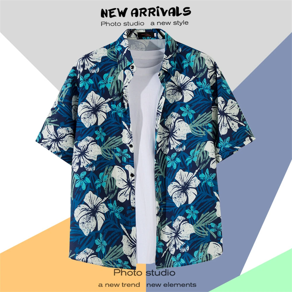 Camisa floral de manga curta masculina, camisa havaiana solta, blusa casual de praia versátil, gola virada para baixo, popular, secagem rápida, verão