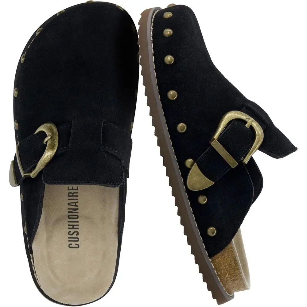 Zuecos de Mujer de Cuero Gamuzado con Hebilla Ajustable y Detalles Tachonados