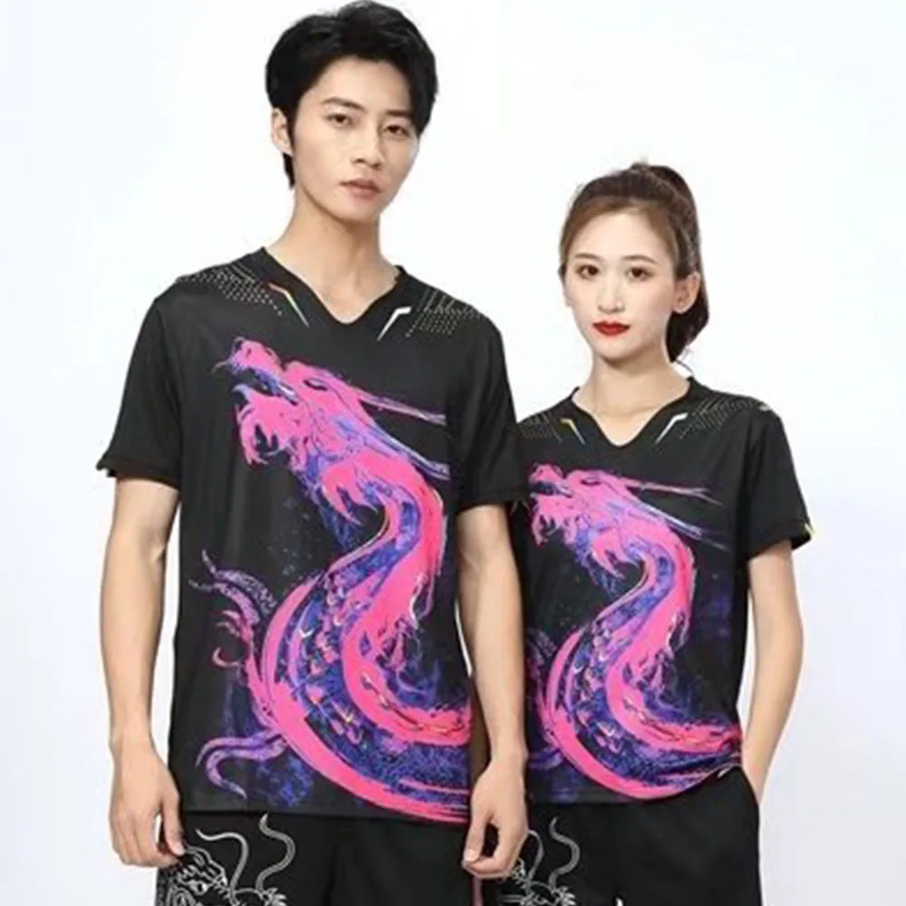 Camisa de tênis de mesa masculina e feminina com estampa dragão chinês camiseta de badminton para verão familiar uniforme de pingue-pongue de secagem rápida