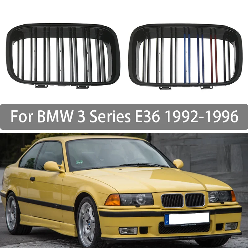 

Pair Front Hood Bumper Kidney Grille For BMW 3 Series E36 1992 1993 1994 1995 1996 1997-1999 Glossy Black 3 Color Double Slat
