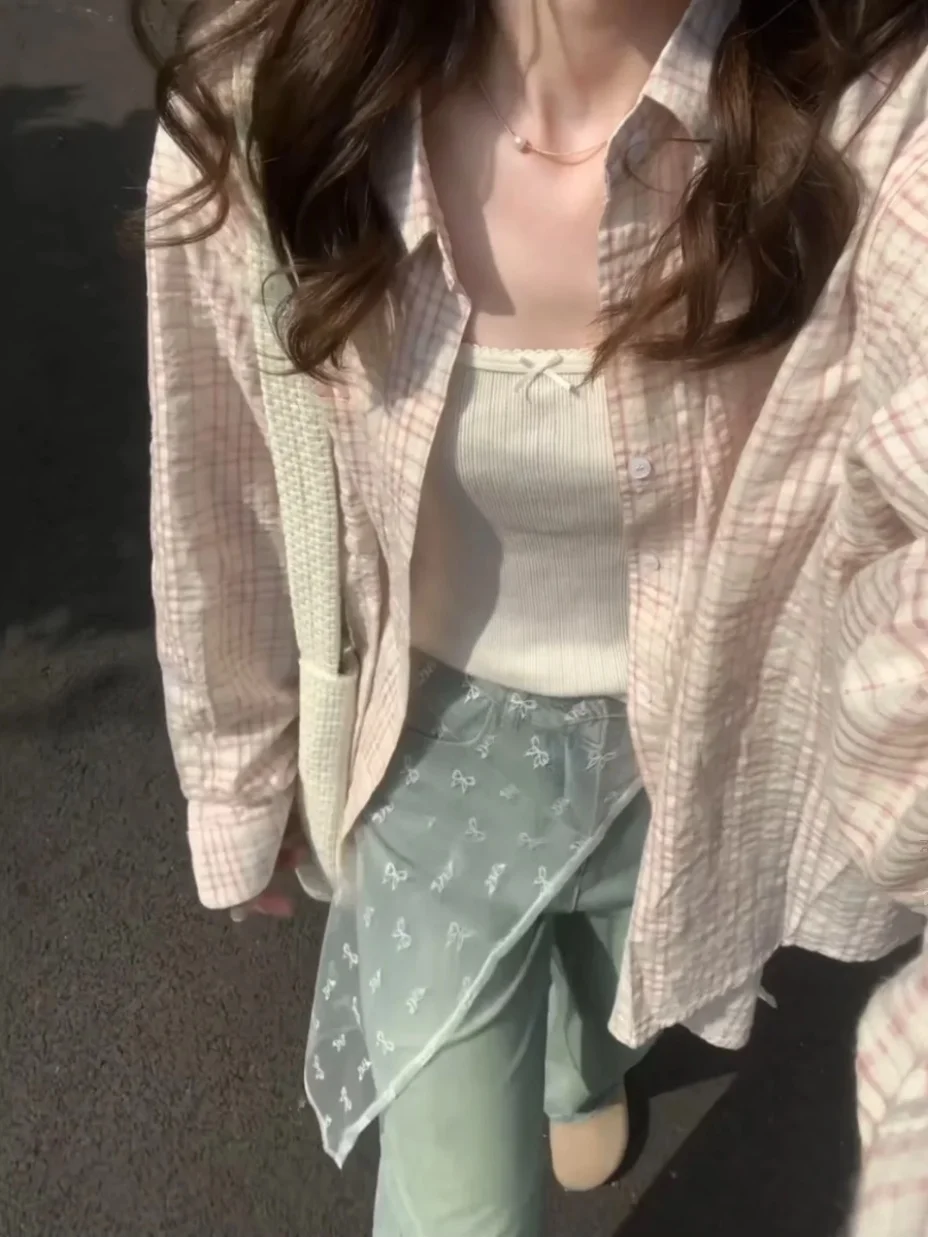 Pink Sweet Sle Salt System Plaid irt Jaet mujer Otoño Invierno suelta protección solar cárdigan abierto Top de moda