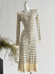 Autumn Winter French Striped Dress Women Sexy V-neck Knitted Long Sleeved Elegant Party Dresses Ladies Single Breasted Long Robe