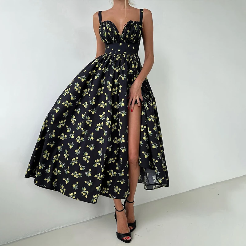 elegant print suspender dress 2024 Elegant Flower Print Suspender Dress Women Fashion Off Shoulder  Backless Midi Dresses Chic Female Party Club Vestidos