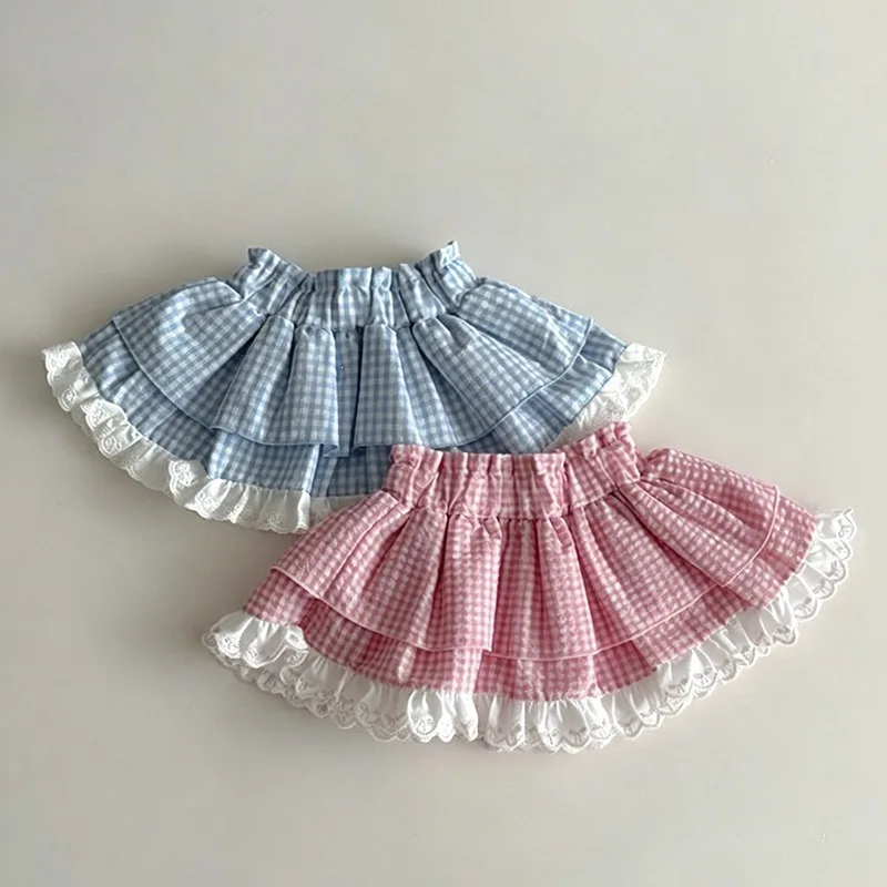 2026 Summer New Girls Plaid Skirts Baby Girl Lace Puff Skirts Cute Children Princess Skirts Fashion Infant Cotton Skirts
