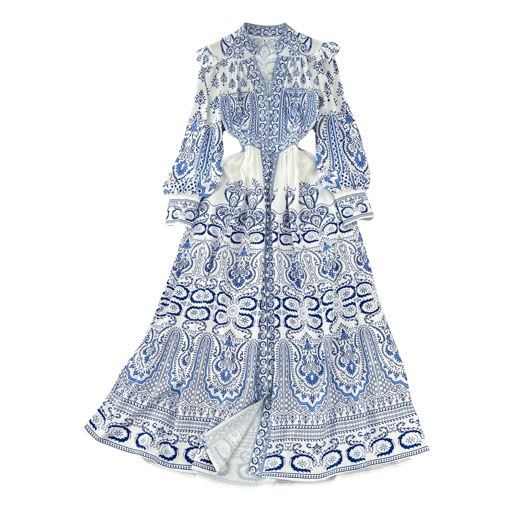 Rétro Court Sle V-Ne bouton unique lanterne Sve a-ligne imprimé Dr femmes printemps automne taille haute florale longue Dr