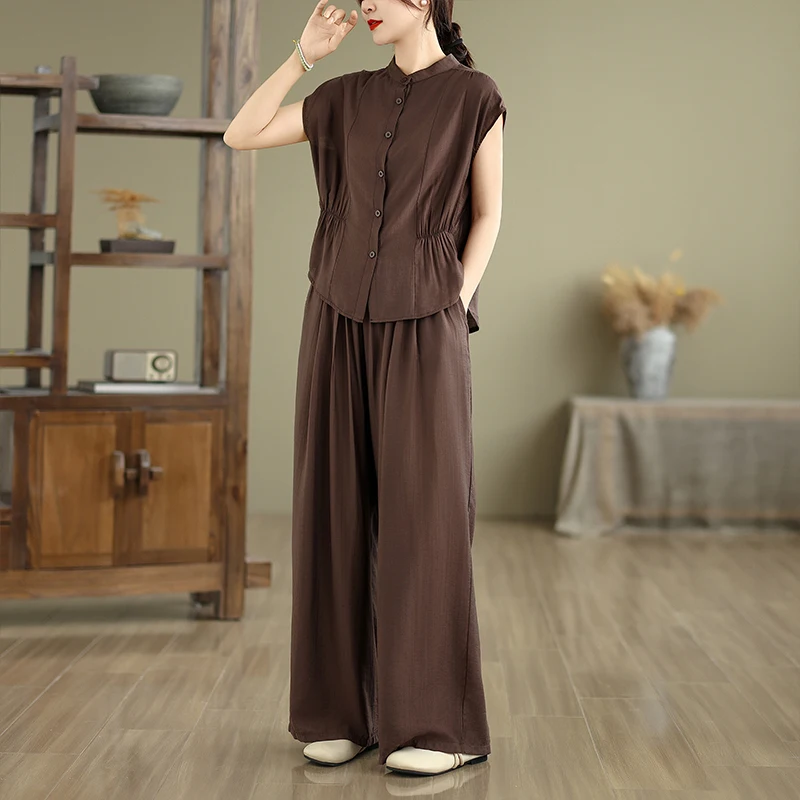 

Новый летний повседневный модный ort Sve irt Широкие брюки Комплект из двух предметов Тонкий вид Тонкий хлопковый топ на пуговицах