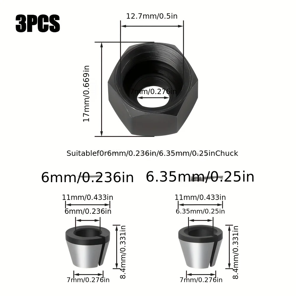 3Pcs/5Pcs Woodworking Router Bit Trimming Machine Collet Set with Convertible Head and Shaft Adapter