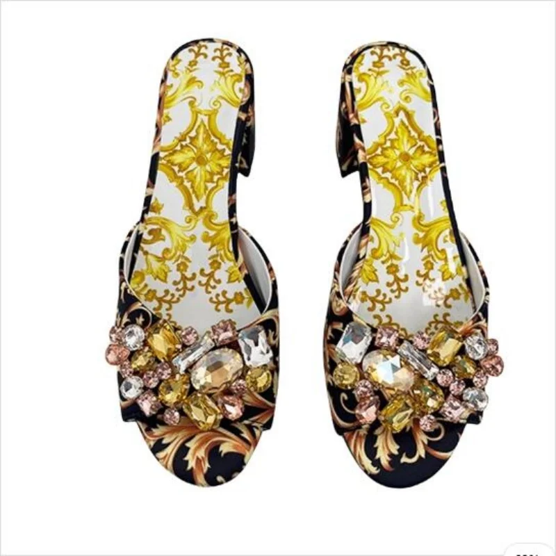 

2025 New Yellow Brown Printed High-Heeled Slippers for Women Rhinestones Exposed Toes Chunky Heels Sandals Muller Shoes