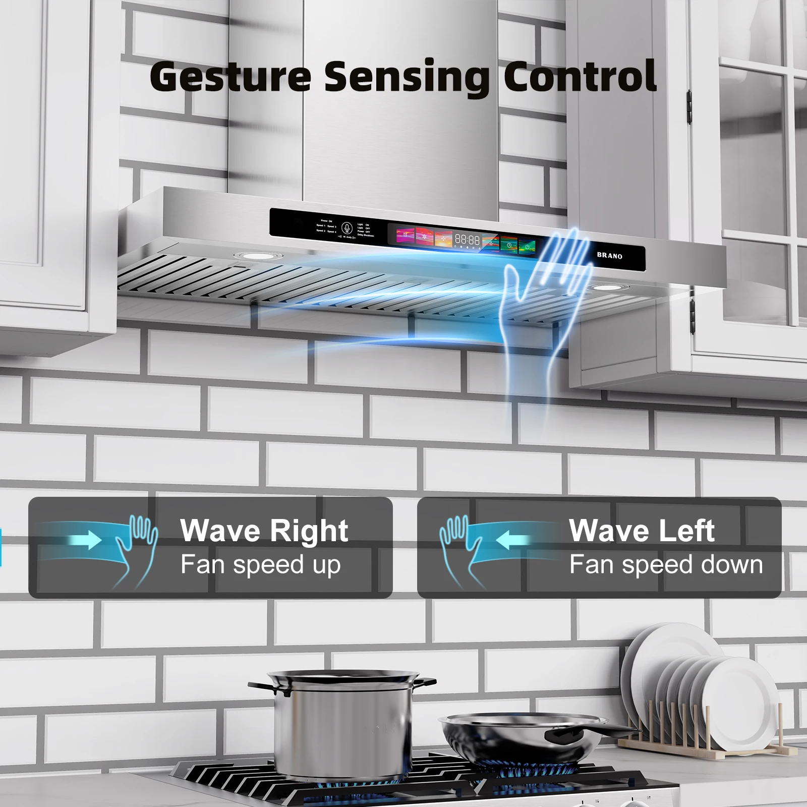 شفاط المطبخ المثبت على الحائط مقاس 30/36 بوصة 900 CFM مع التحكم الصوتي/الضيا/اللمس، فتحة غطاء المطبخ من الفولاذ المقاوم للصدأ