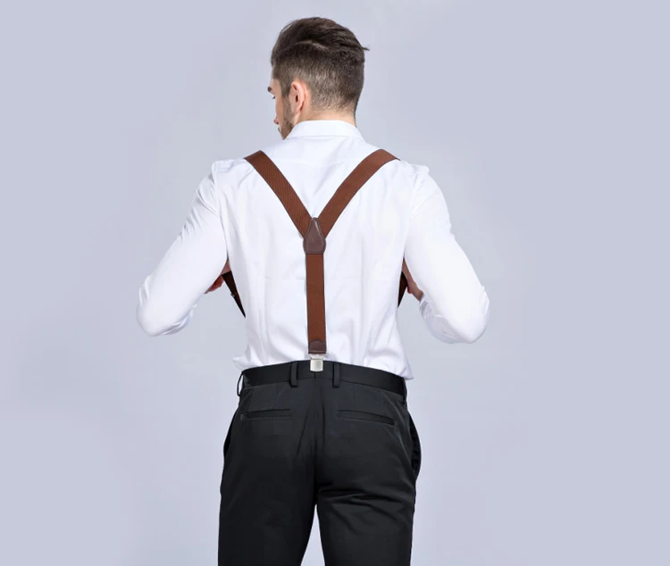 Leather Suspenders Men 3.5cm Y-Back 3 Clips Male Suspensorios Adjustable Elastic Trouser Braces Strap Belt Suit Accessories