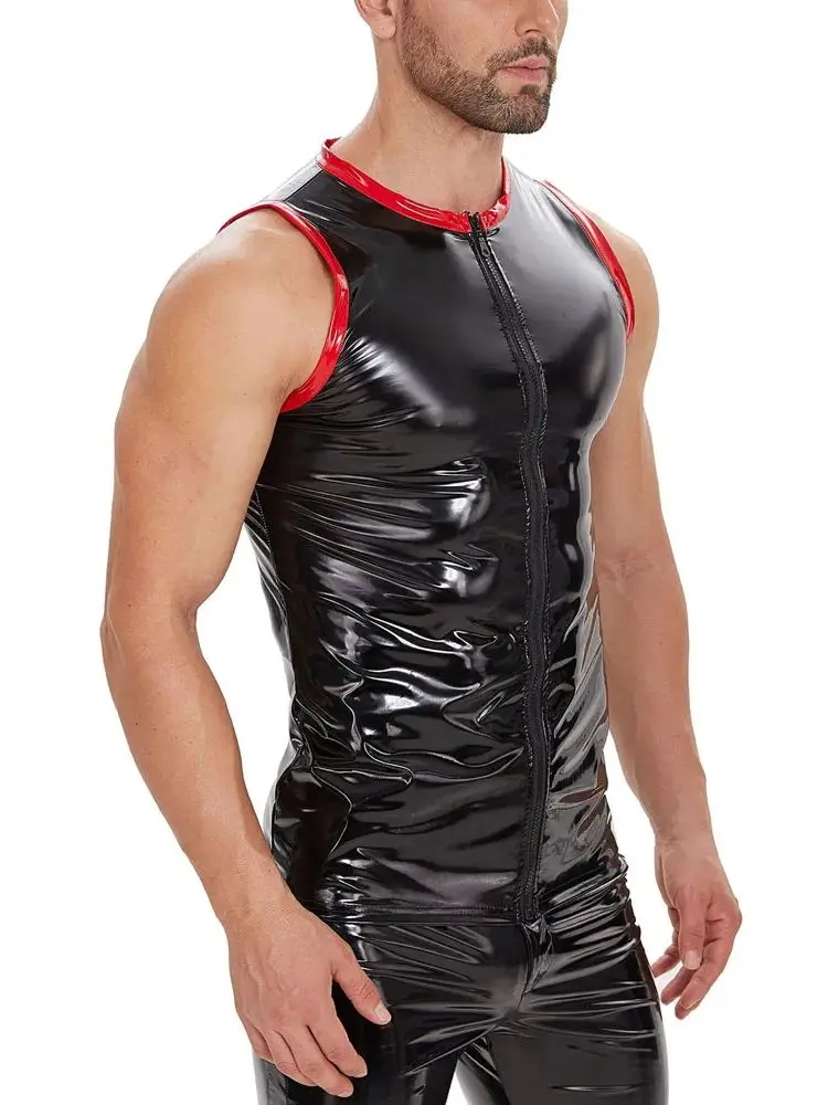 S-7XL Wet Look PVC Tank Top Men Sleeveless Musculation Bodybuilding Shiny PU Leather Tights Gym Fitness Muscle Shirt Vest Body