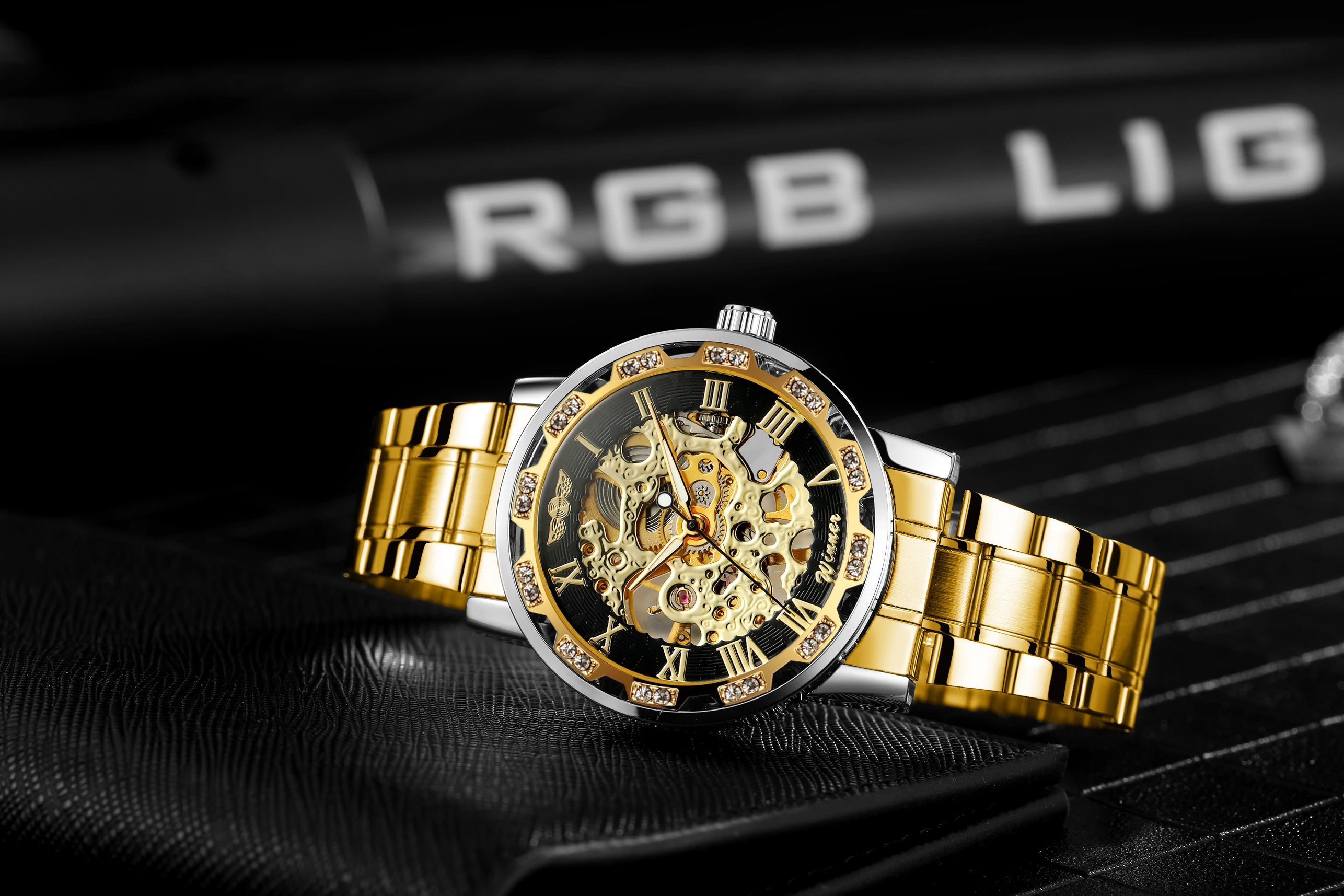 T-WINNER Luxury Men's Watches Skeleton Mechanical Luminous Pointers Engraving Rhinestone Fashion Casual Golden Man Wristwatches