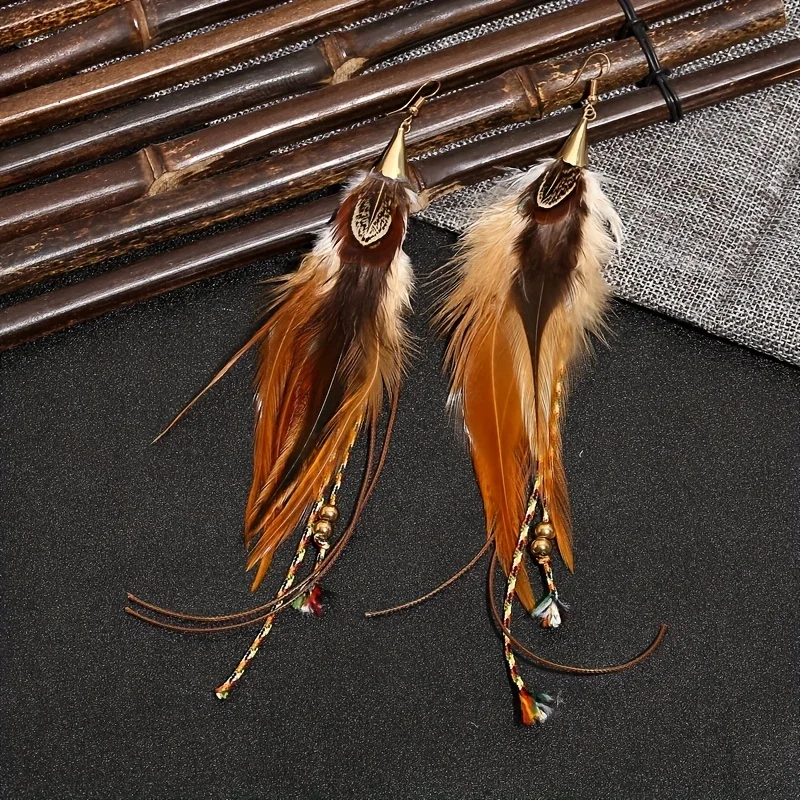 Natural Feather Earrings Bohemian Long for Women Handmade Feather Jewelry Tassel Dangle acrylic earrings Feather Earrings