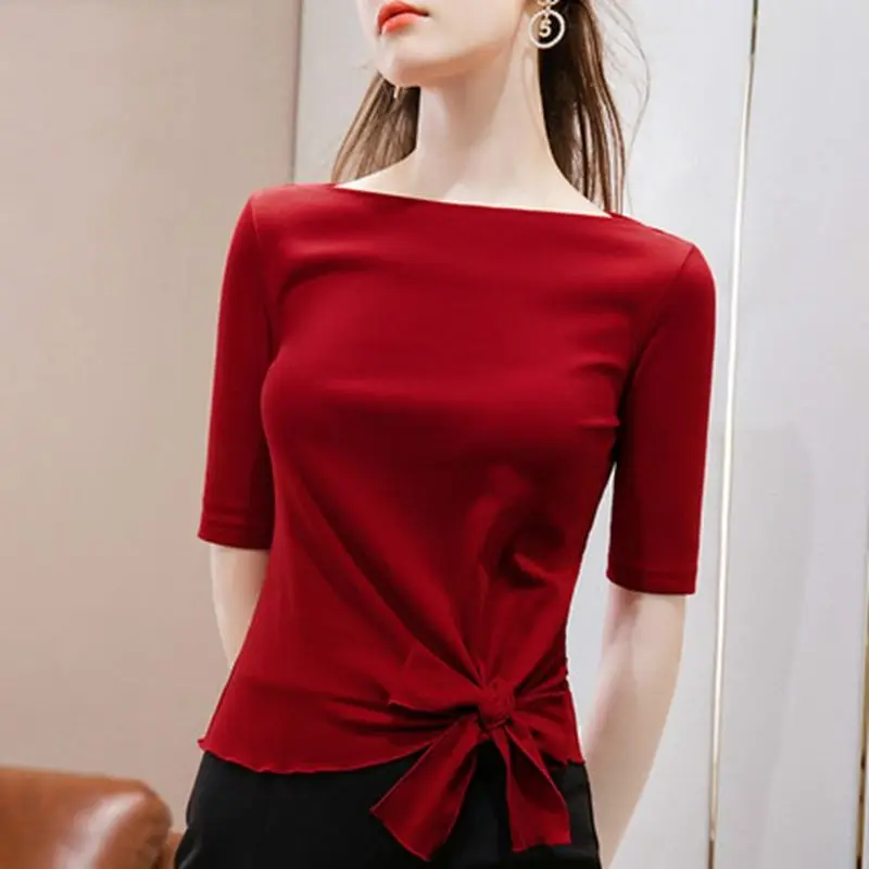 Women\'s Spring Fashion Simplicity Solid Color Bow Slash Neck Short Sleeve T-Shirt Women Clothes Elegant Temperament Slim Tops