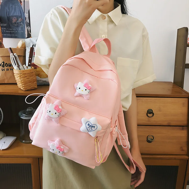 

Sanrio Backpack For Women Kawaii Pink Hello Kitty School Bags For Teenage Girls Cute Nylon Large Capacity Travel Bag