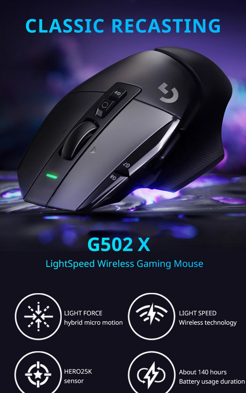 Logitech G502 X LIGHTSPEED Wireless Gaming Mouse, HERO 25K, 25600 DPI, 13 Programmable Buttons, Esports Version