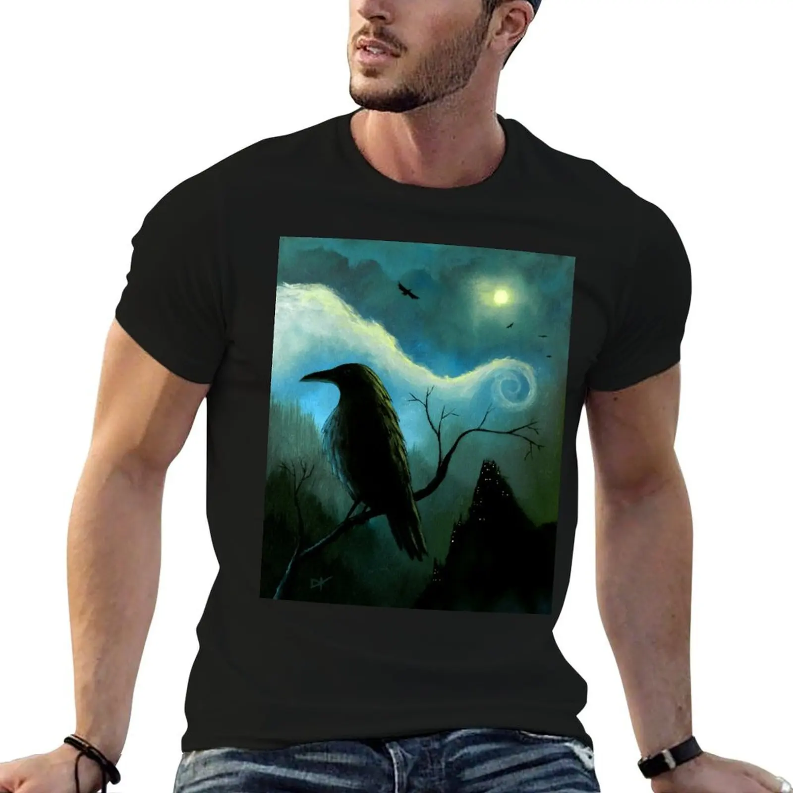 Mountain City Under the Moon - Crows/Ravens T-Shirt t shirt man designer black cotton t-shirt plain for man package T-Shirt
