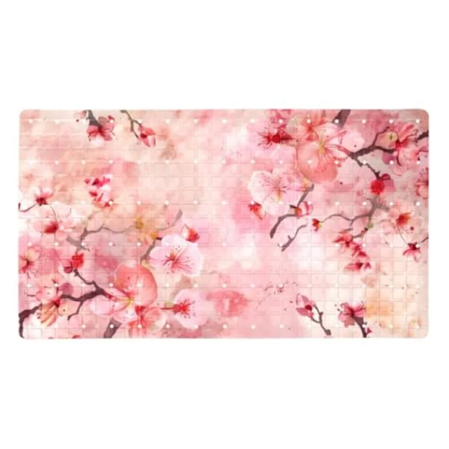

Коврик для ванной нескользящий 15,1 x 26,8 дюймов, экологичный, с присосками и дренажными отверстиями, розовый с узором вишневых цветов
