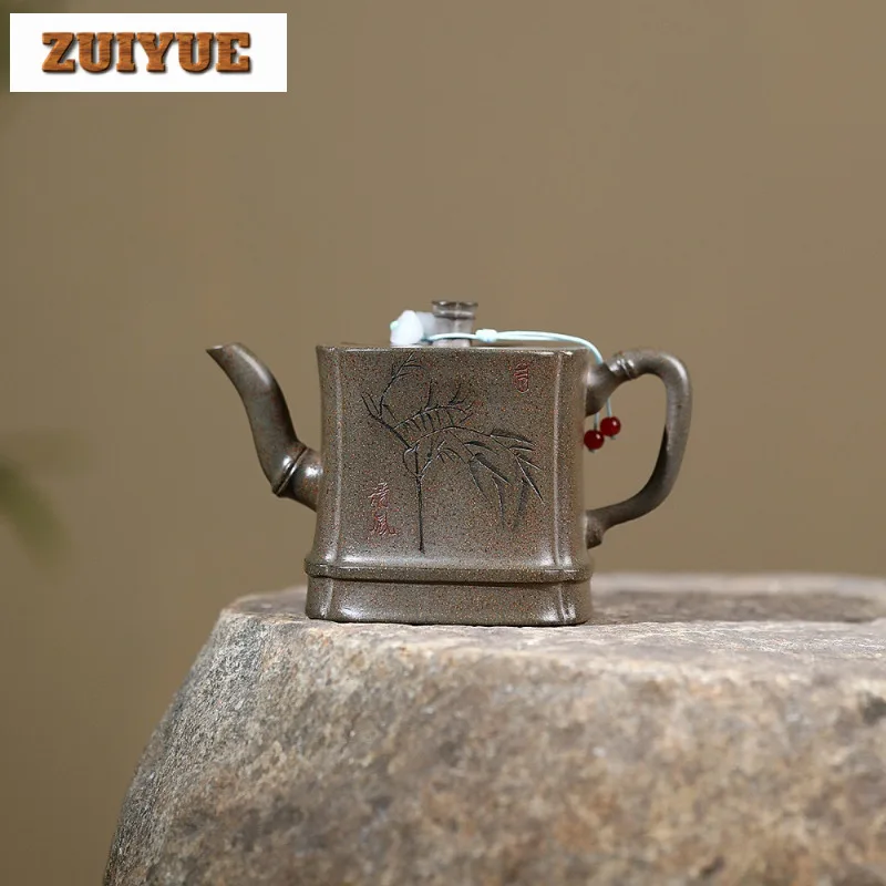 300ml Handmade Yixing Purple Clay Teapots Handmade Square Bamboo Joint Pot Raw Ore Crust Green Mud Kettle Chinese Zisha Tea Set