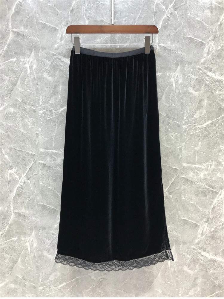 

Silk Velvet Lace Split f Skirt Women's Summer New European Sle High Waist A-Line Long Skirt Ele Faionable 30-34 Ye...
