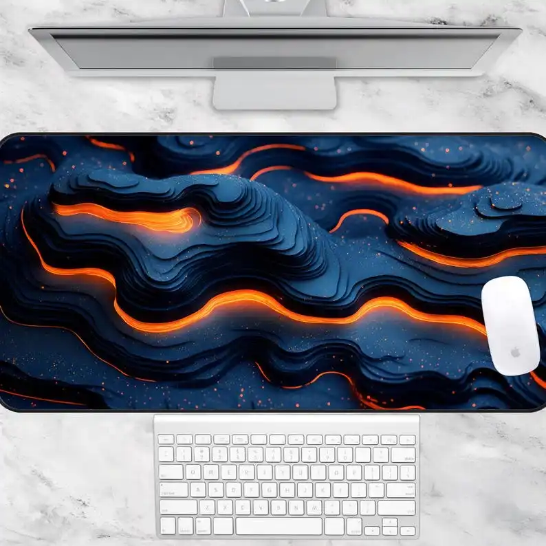 3D Abstract Wave Office Mat Orange Blue Topographic Gaming Mouse Pad Large Modern Style Desk Pad Layers Digital Art XXL