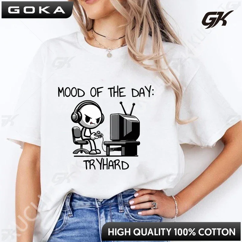 Funny Women T-shirt Mood of The Day Oversized Clothing Fashion Relax Graphic Tops Harajuku Fashion Streetwear Short Sleeve Tees