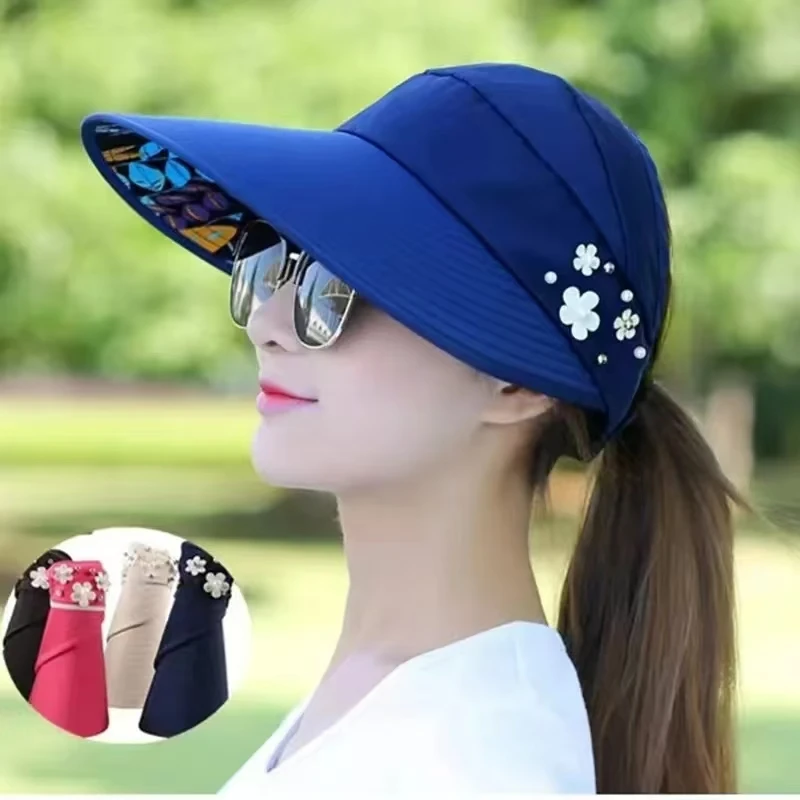 Gorros de sol con visera para mujer, gorro de pescador con protecciento UV, warna negro, informal, cola de caballo, ala ancha