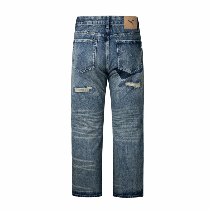 

8632 American style hole patched jeans men's tide washed loose street splash of paint straight trousers men