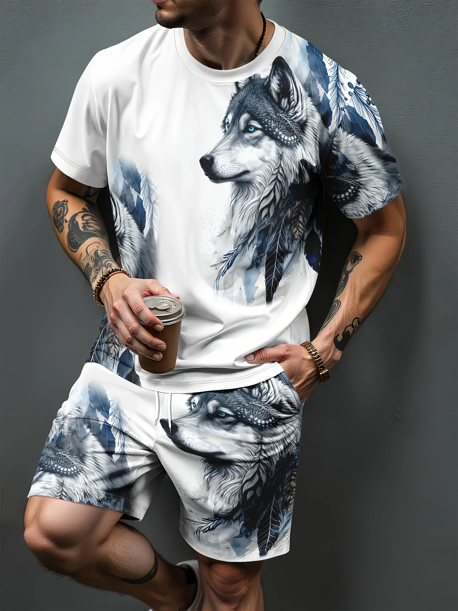 Summer New Arrival Wolf Print 3D Pattern Casual Men's Set Short-Sleeve Shirt and Shorts Two-Piece Set Everyday Casual Men's Wear
