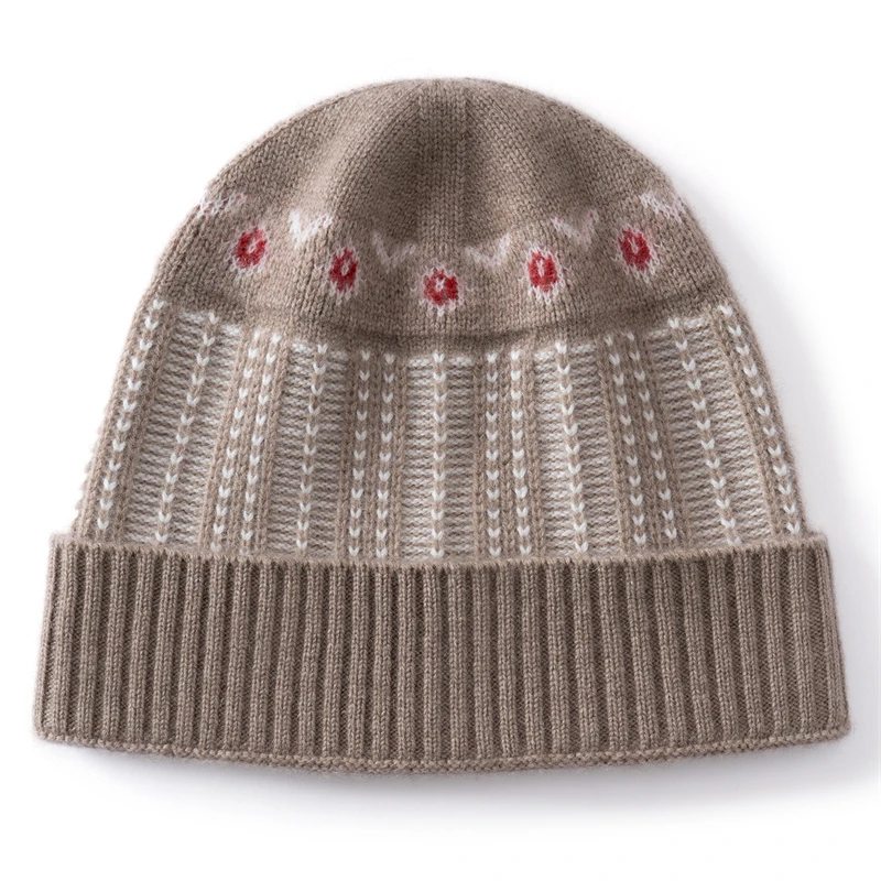 KOIJINSKY Vintage Floral Jacquard Knit Beanie Hat Women Cashmere Feel Small Flower Pattern Knitted Hat Thick Warm Winter Skullca