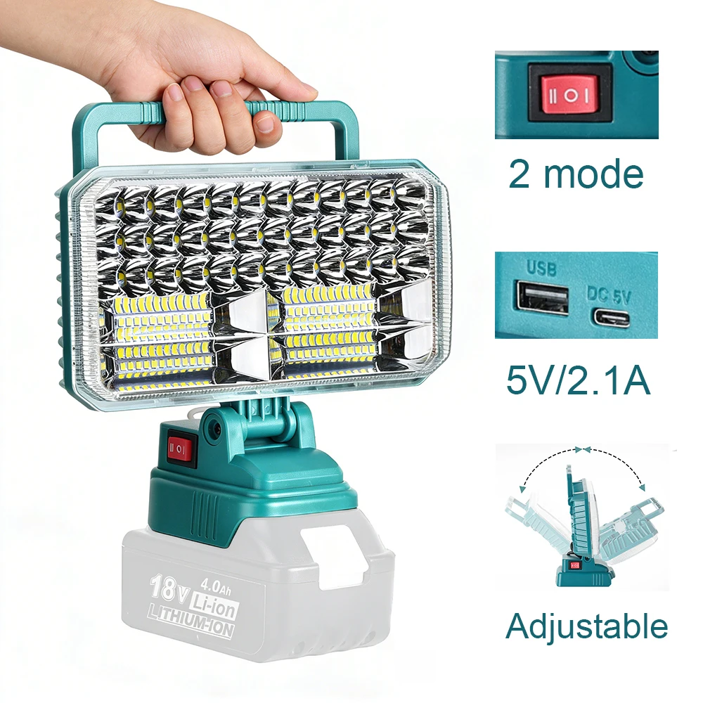 

Светодиодный рабочий фонарь, совместимый с аккумулятором Makita 18В (только инструмент), 4500 люмен, беспроводной рабочий фонарь-прожектор с USB и Type-C