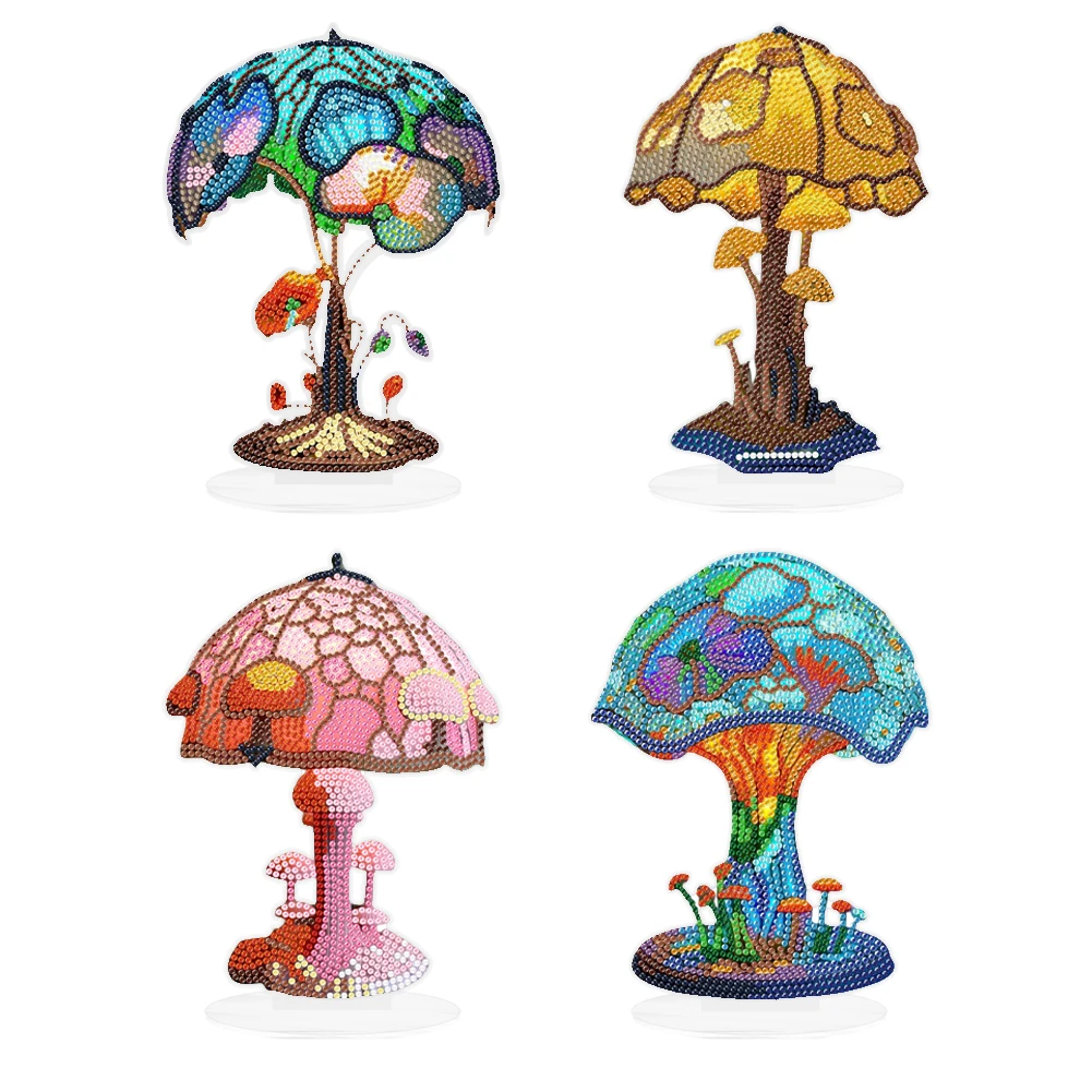 4Pcs Mushroom Diamond Painting Tabletop Ornaments Kit with Lights DIY Diamond Painting Table Lamps for Home Office Desktop Decor