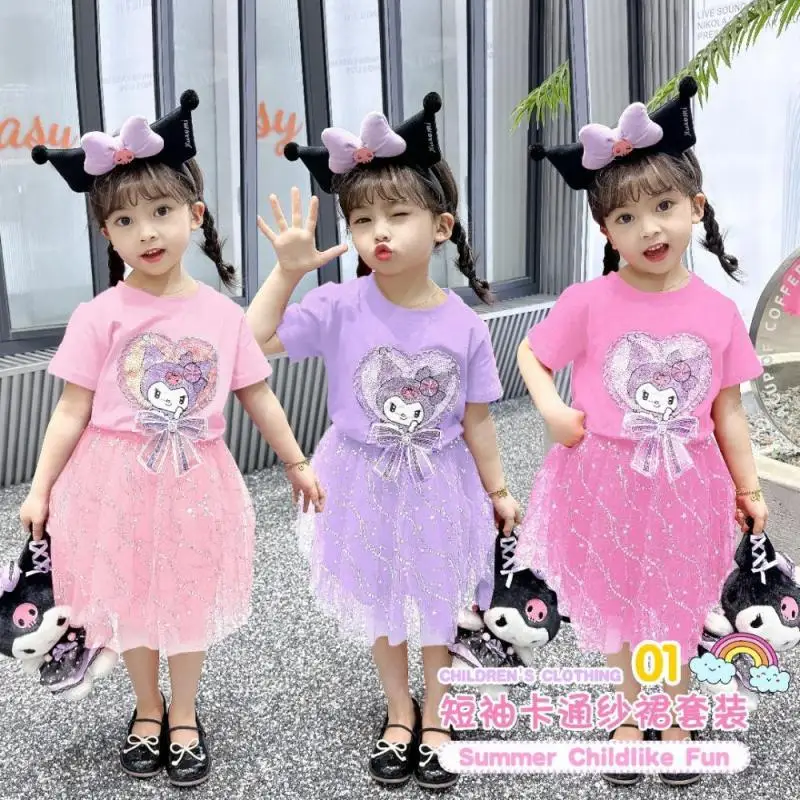 Sanrios Cinnamoroll Short Sleeve Dress Anime Cartoon Kuromi Sweet Princess Dress Cute Gauze Skirt Summer Children's Skirt Gifts