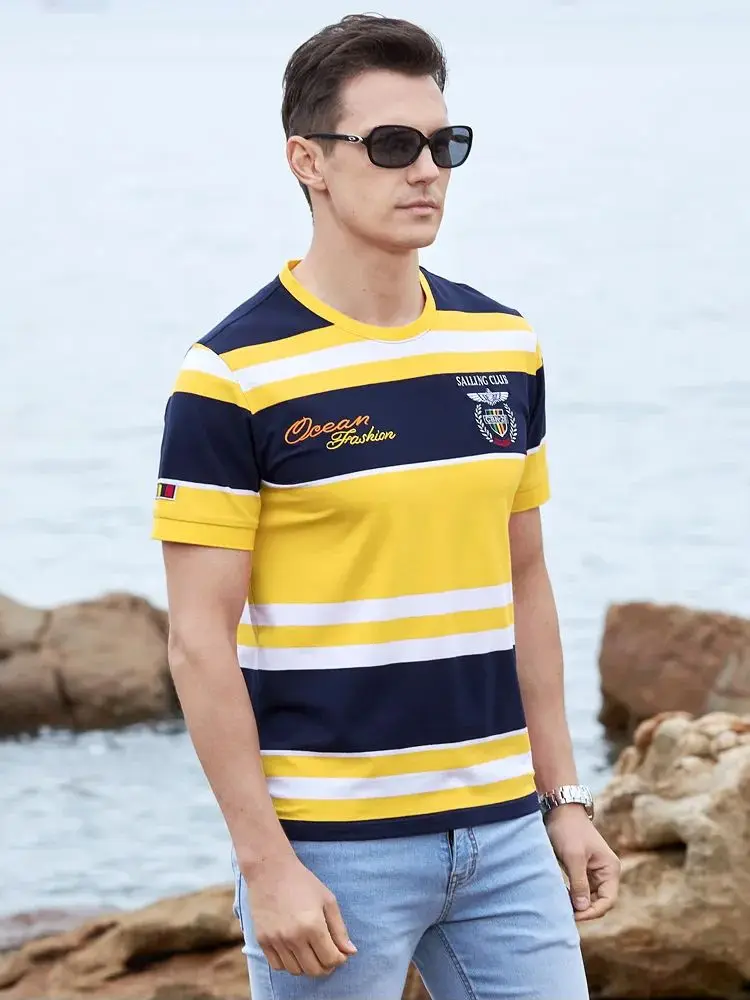 New Summer Men\'s T Shirt Round Striped Bruce&Shark Loose Fashion Causal Men\'s Tees Super Qualiy 97%Cotton 3%spandex big size 4XL