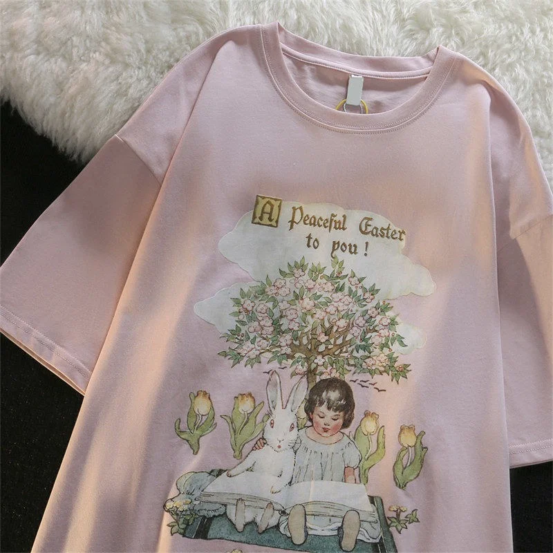 Camiseta de algodão para meninas, Tops rosa verde claro, roupa kawaii para adolescentes, menina coelho, alta qualidade, grande 2XL, verão 2022