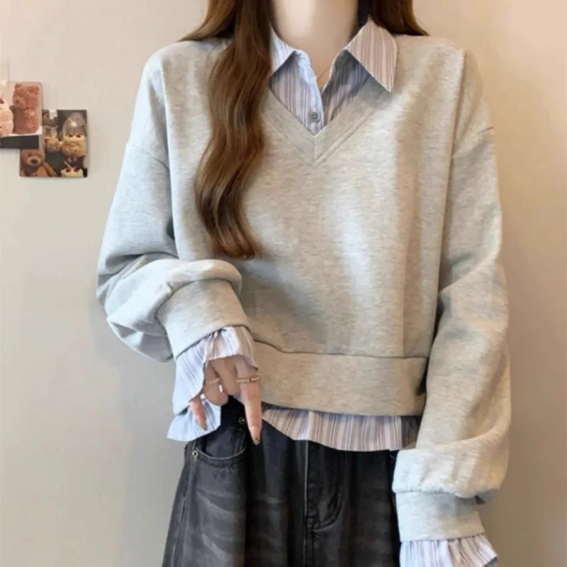 Women Fake Two Piece T-shirt Sweater 2025 Spring Autumn Women's American Two Piece Short Sweatshirt Loose Fit