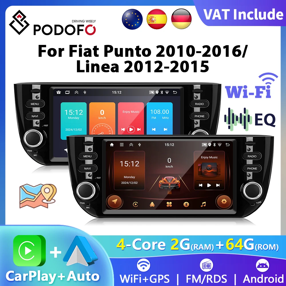 Podofo CarPlay Android Radio For Fiat Punto 2010-2016 Linea 2012-2015 Car Intelligent System 2din GPS Navigation DSP Autoradio
