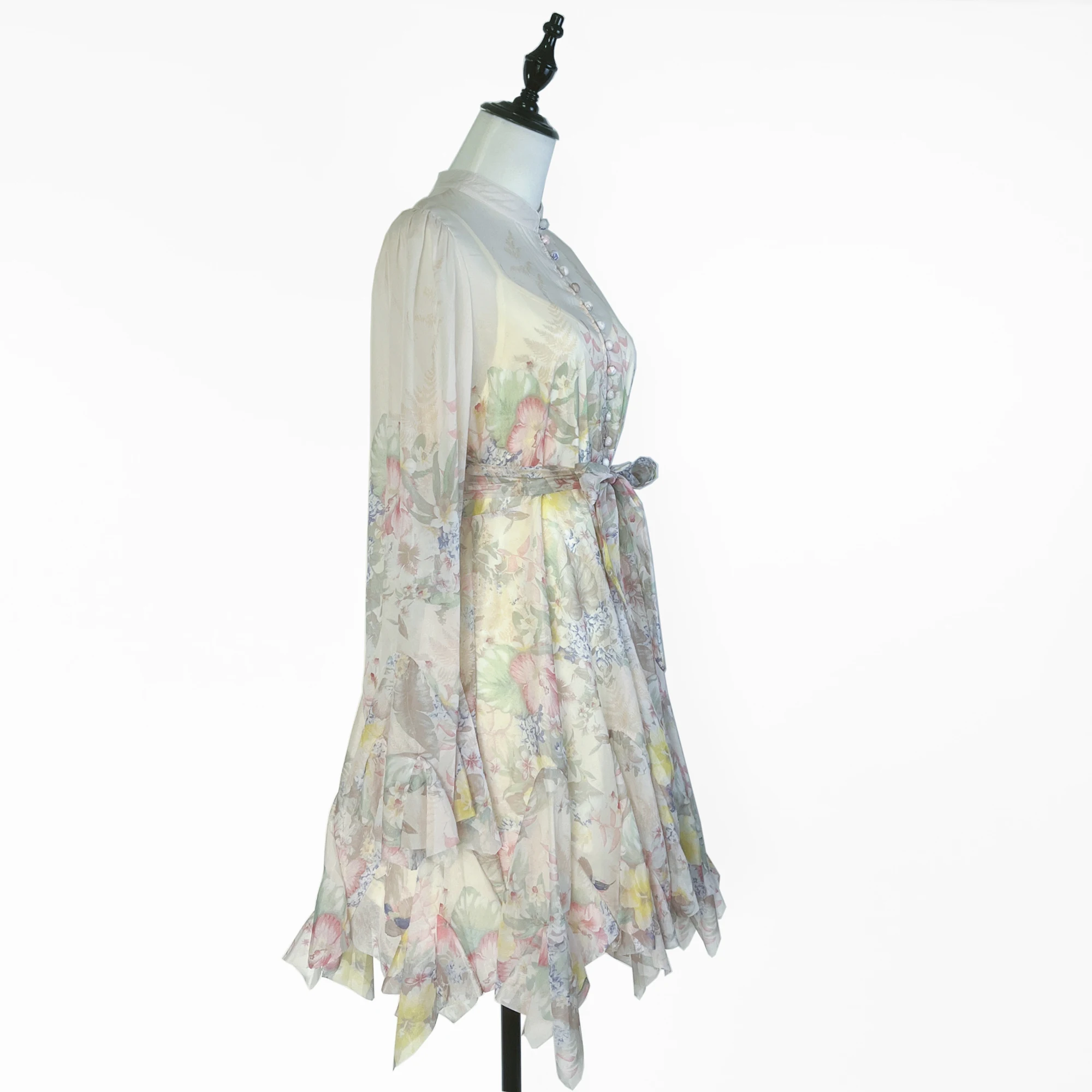 فستان قصير أنيق بأكمام طويلة وطباعة زهور للنساء، تصميم بزر واحد على شكل بتلات، خصر مرتفع، تنورة على شكل حرف A، أسلوب عملي للر...