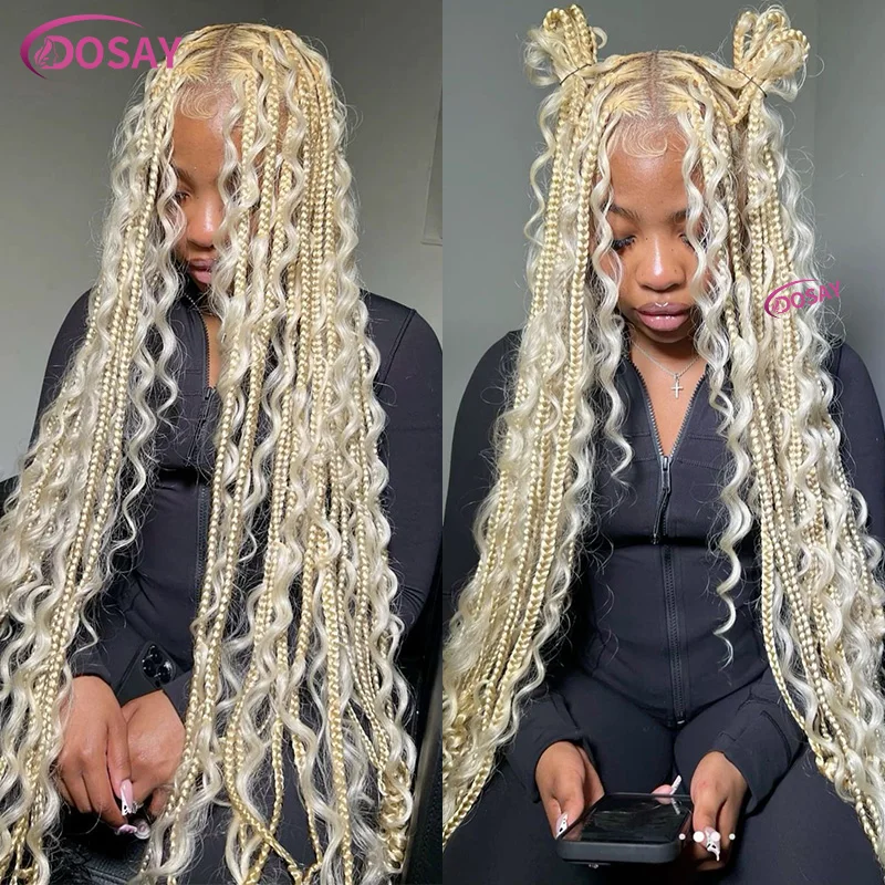 Honingblonde Synthetische Gevlochten Kanten Pruik Krullende Uiteinden Vierkante Knooploze Doos Vlechten Pruik Cornrows 613 Boho Box Gevlochten Pruiken Vrouwen