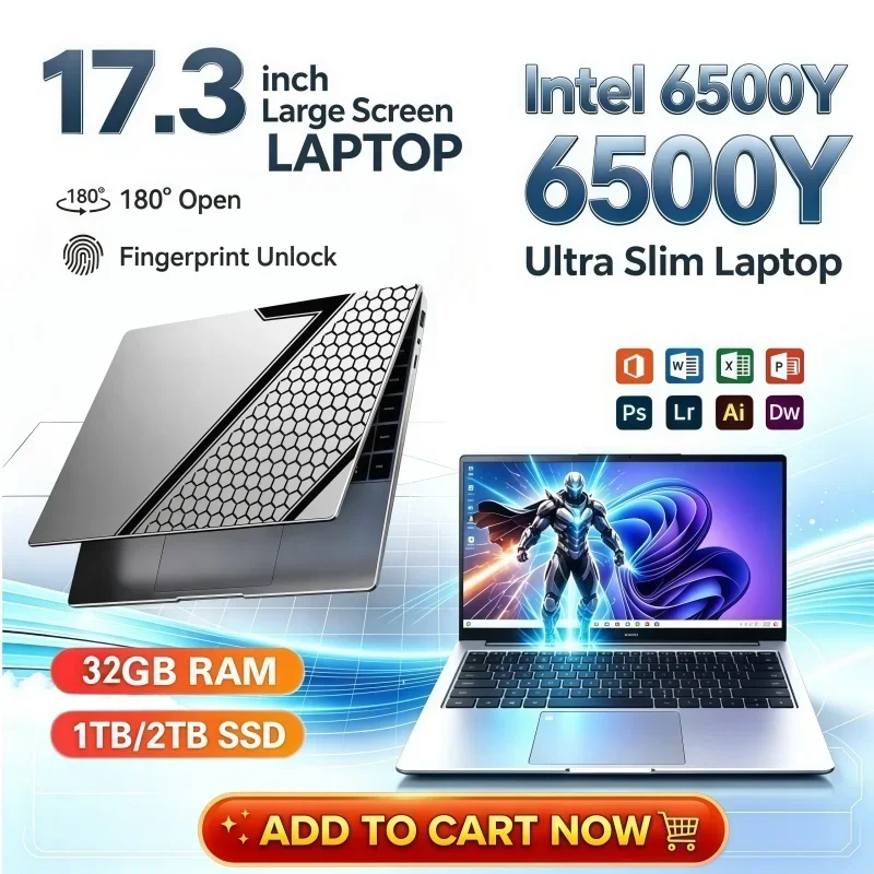 17.3 Inch Modern Large Screen Laptop Intel 6500Y 16/32GB RAM 1/2TB BIG SSD Bright Windows11 Portable for Study Office