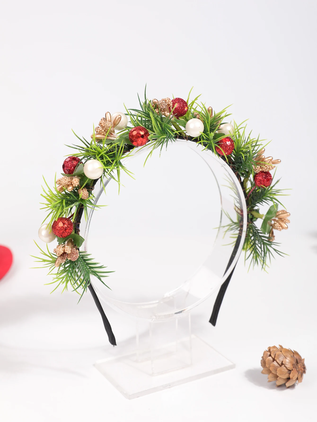 عصابة رأس لؤلؤية من فرع الصنوبر لعيد الميلاد، عصابة رأس مزخرفة رائعة للحفلات الاحتفالية، أغطية رأس لعيد الميلاد باللونين الأحمر والأخضر على طراز الغابة #4