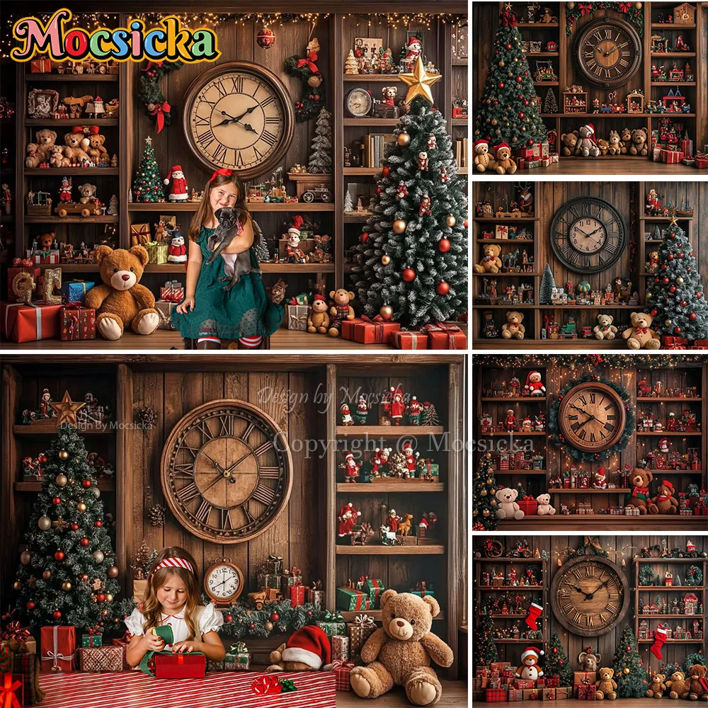 Mocsicka Weihnachtsmann Werkstatt Hintergrund Fotografie Weihnachten Uhr Spielzeug Bär Geschenk Regal Hintergrund Winter Kinder Geburtstag Studio