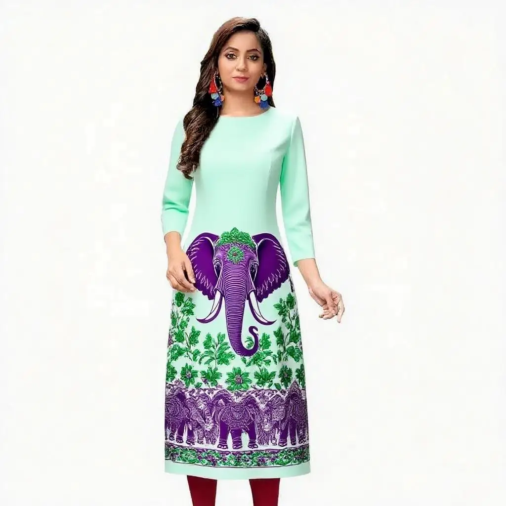 Abito kurt da donna alla moda ed elegante a maniche lunghe a tubo dritto casual girocollo con motivo a elefante colorato