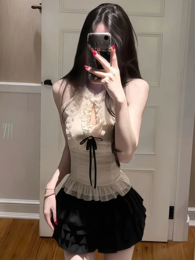 

Summer Sweet Retro Pure Desire Suit Women Hang Neck Ruffle Sleeveless Tops + Cake Skirt New Cute Lace Up Slim 2 Piece Sets 2026