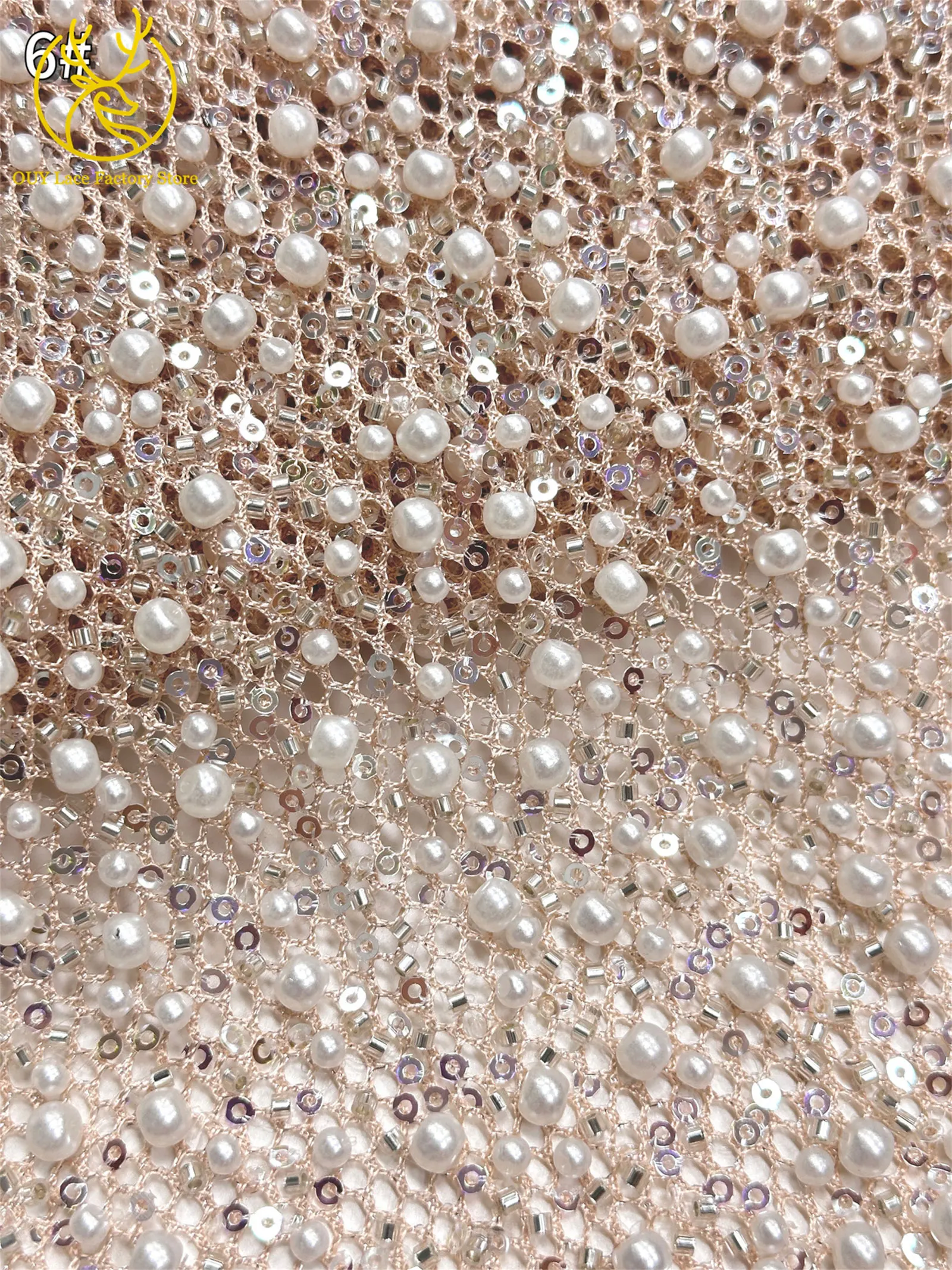 Neuer Stil Afrikanischer Perlen-Spitzenstoff Hochwertiger nigerianischer Perlen-Pailletten-Spitzenstoff Luxuriöser französischer Netzstoff zum Nähen von Hochzeitskleidern – Detail 15