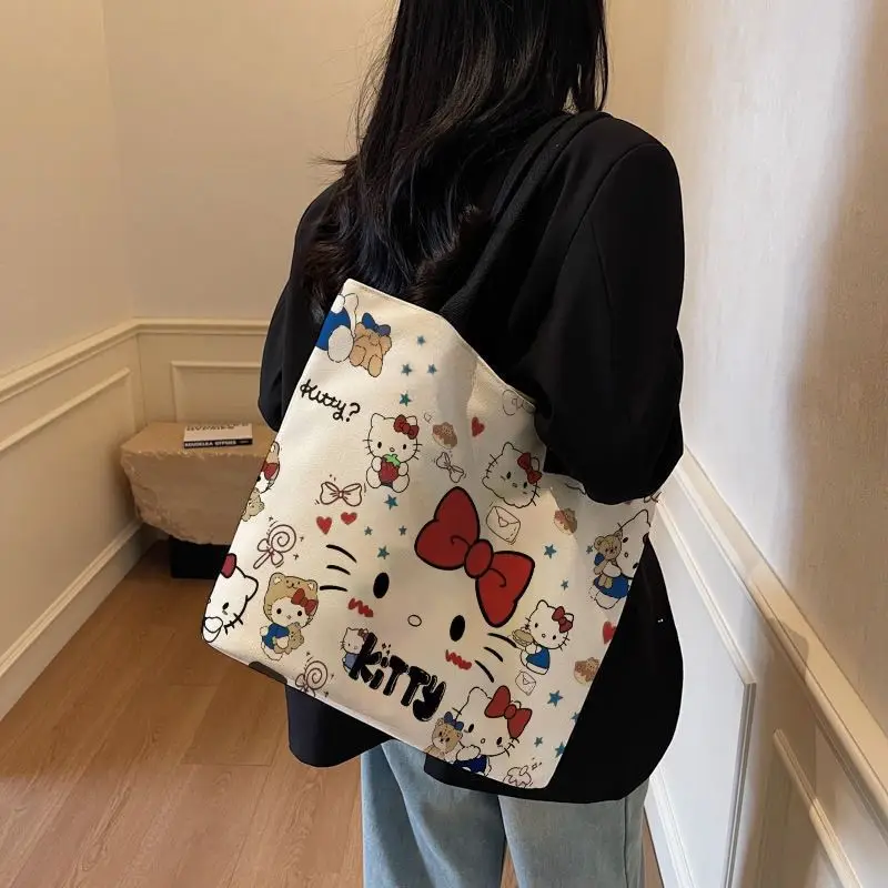 Sanrio Hello Kitty Canvas Handbag for Women College Student Large Capacity Luxury Designer Shoulder Bag Kawaii