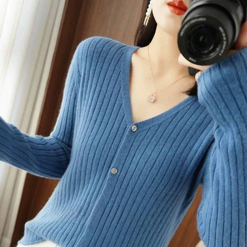 

Женский шерстяной открытый кардиган с v-образным вырезом, весна-осень, свободная полосатая основа, вязаный свитер Camere, верхняя одежда