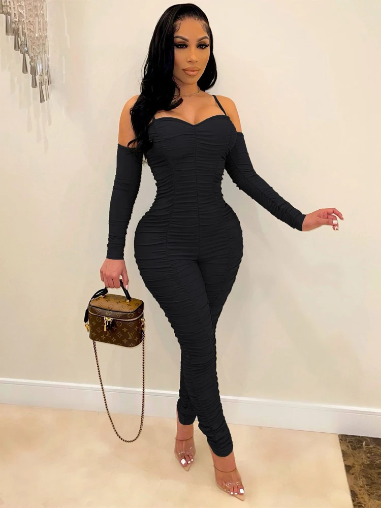 Long Sleeve Sling Jumpsuit women 2023 Autumn Winter Solid Sexy Bra Tight Fitting Clothes Red High Waist Pleated Female Jumpsuit