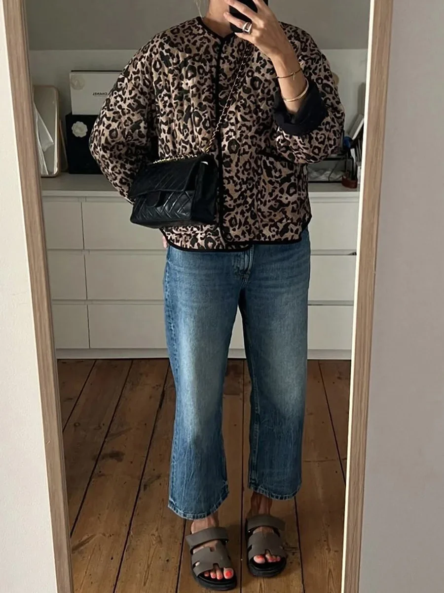 Giacca trapuntata leggera da donna invernale calda casual stampa leopardata autunno maniche lunghe cardigan con bottoni per capispalla streetwear retrò